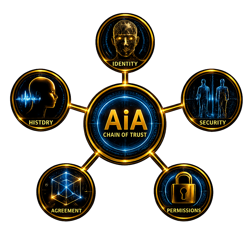 AiA Chain of Trust connecting identity, history, security, agreement, and permissions